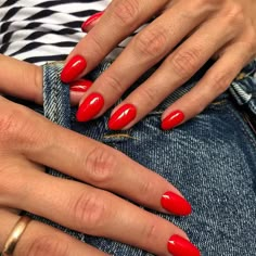 Bright Red Nails Short, Short Oval Red Nails, Red Oval Acrylic Nails, Short Red Gel Nails, Short Almond Red Nails, Red Nails Oval, Short Red Almond Nails, Red Nails Almond Shape, Almond Red Nails