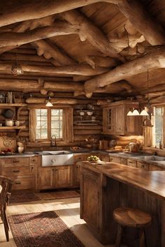 a rustic kitchen with wooden walls and ceiling