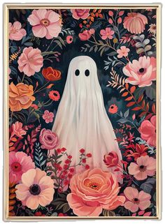 a painting of a ghost surrounded by flowers and plants in pink, red, orange and white colors