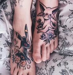 two people with tattoos on their feet and one has a pikachu tattoo on the foot