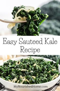 kale salad in a white bowl on top of a plaid table cloth with text overlay that reads easy sauteed kale recipe