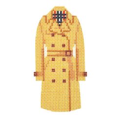 a cross stitch pattern of a yellow trench coat with red, white and blue buttons