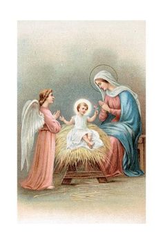 an old fashioned christmas card with two women and a baby in a manger scene