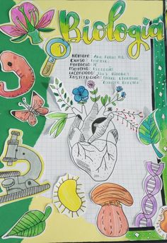 the cover of a book with drawings and words on it, including an image of a human heart