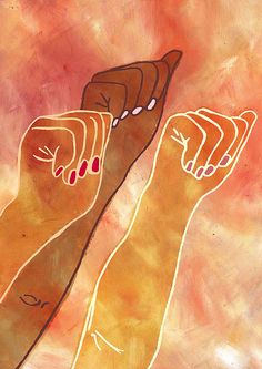 two hands with red nail polish holding each other's fingers in front of a pink background