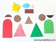 paper cutouts with shapes, stars and shapes on white background for children's art project