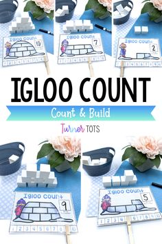 a collage of images showing how to make an igloo count and build game