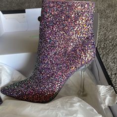 These Were An Accidental Buy..... I Thought They Were Black They Have Never Been Worn. Purple Glitter, With A Clear Heel.Size 9 Olive Boots, Chunky Black Boots, Dress Booties, Buckle Booties, Western Ankle Boots, Brown Leather Ankle Boots, Black Suede Booties, Chic Leather, Low Boots