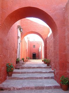 an alley way with steps and potted plants