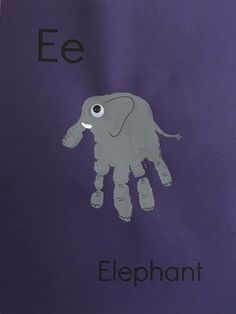 an elephant handprint on purple paper with the letter e