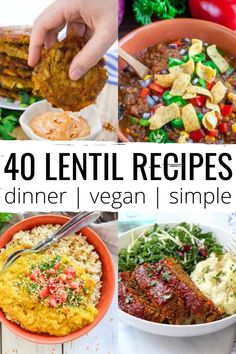 four different pictures with the words 40 gentle recipes for dinner i simple vegan