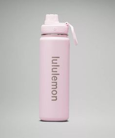 a pink insulated water bottle with the word'fun on it'written in black