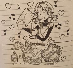 a drawing of a woman cooking on a stove with music notes and hearts in the background