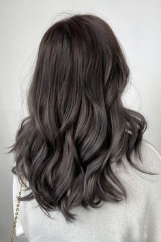 Level 3 Ash Brown Hair, Cool Ash Brown Balayage On Dark Hair, Ashy Brown Hair All Over Color, Dark Smokey Brown Hair Color, Ash Smokey Brown Hair, Dark Ash Balayage Hair, Ashy Brunnet Hair, Ash Brown Balayage Cool Tone, Soft Ash Black Hair