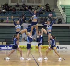 the cheerleaders are doing tricks on the court