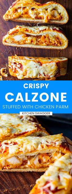 crispy calzonee stuffed with chicken parm on a cutting board next to slices of bread