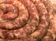 several sausages are stacked together in a spiral pattern