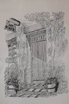 a drawing of a house with potted plants and a sign that says art studio