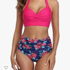 Nwt Womens Large Two Piece Floral Bikini With High Waisted Bottom. See Sizing In Photo, Fits Size 12-14 Pink Halter Neck Tankini For Swimming, Pink Ruched Tankini For Beachwear, Pink Halter Neck Tankini For Pool, Pink Ruched Tankini For Pool, Pink Ruched Swimwear For Swimming, Pink Halter Neck Tankini Beachwear, Pink Ruched Beachwear Swimwear, Pink Fitted Ruched Swimwear, Pink Ruched Fitted Swimwear