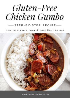 the recipe for gluten - free chicken gumbo is shown in a bowl