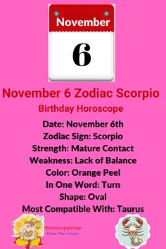 a pink poster with an image of zodiacs on it and the date for november 6th