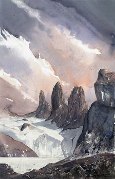 a watercolor painting of mountains and clouds