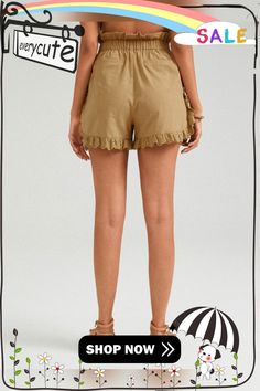 Lace Trim Pocket Solid Casual Shorts for Women Summer Bottoms With Elastic Waistband In Khaki, Khaki Short Bottoms For Vacation, Khaki Bottoms With Elastic Waistband For Beach, Khaki Summer Bottoms With Short Inseam, Khaki Bottoms With Short Inseam For Summer, Summer Khaki Bottoms With Short Inseam, Khaki Summer Shorts With Short Inseam, Khaki Short Length Vacation Bottoms, High-waisted Khaki Shorts For The Beach