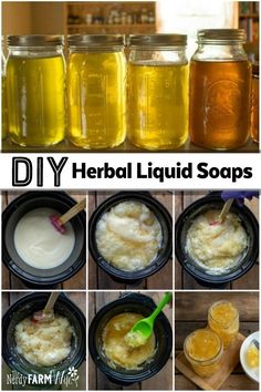 several pictures of different types of liquid in jars and spoons with text overlay that says diy natural liquid soaps