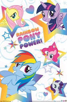 the rainbow pony power poster is shown with many different colors and shapes, including stars