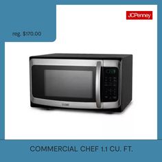 a black and silver microwave with the words commercial chef 1 cu ft