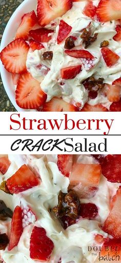 This Strawberry Dessert Salad with crunchy toffee pieces has got to be the best thing I have ever eaten at a potluck dinner...EVER! Desserts Potluck, Potluck Dessert, Banana Split Dessert, Ready Meals, Tiramisu Dessert, Potluck Dinner, Potluck Desserts, Strawberry Dessert, Fruit Salad Recipes