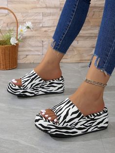 Funky Zebra Print Platform Wedge Slippers: A Stylish Addition to Your Trendy Platform Slippers With Cushioned Footbed And Wedge Heel, Trendy White Platform Slippers With Cushioned Footbed, Trendy White Wedge Sandals With Textured Footbed, Trendy White Slide Platform Slippers, White Platform Slide Wedge Sandals, White High Heel Sandals, Leopard Print High Heels, Wedge Slippers, Women Casual Flats