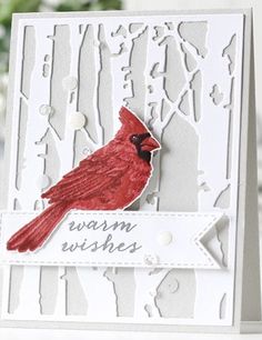 a card with a red bird on it and the words warm wishes written in white