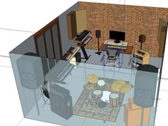 a drawing of a living room with furniture and sound equipment