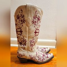 Genuine Leather Cowgirl Boots With Burgundy Embroidery In A Cross Pattern. Perfect For The Nashville Bride! Worn Very Gently One Time. Burgundy Embroidery, Corral Cowgirl Boots, Nashville Bride, Leather Cowgirl Boots, Embroidered Leather, Cross Patterns, A Cross, Shoes White, Cowgirl Boots