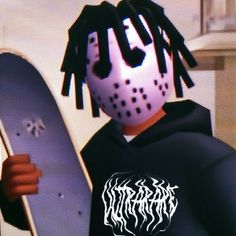 a man with dreadlocks holding a skateboard in front of his face and wearing a mask