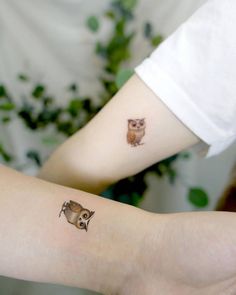 two small tattoos on the arms of someone's left arm, one with an owl and another with a squirrel