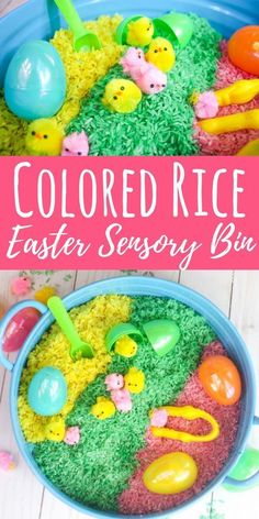 colorful rice easter sensory bin for toddlers to play with and learn how to make it