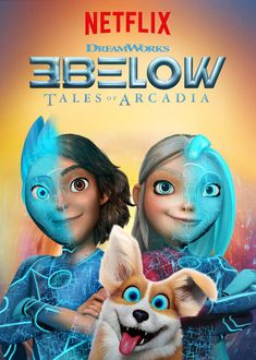 two children and a dog are in front of a poster for the movie bebeflow