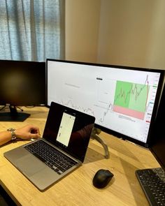 a person sitting at a desk in front of two computer monitors and a laptop with a stock chart on the screen