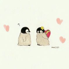 two penguins sitting next to each other with hearts