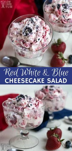 red, white and blue cheesecake salad in small bowls with strawberries on the side