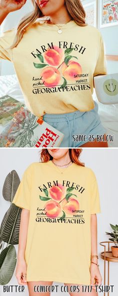 Dive into summer with farm-fresh georgia peaches, indulge in the softness of a Comfort Colors t-shirt. Whether paired with shorts for a beach day or dressed up with a skirt for a sunset soirée, this summer staple exudes both comfort and farmcore flair. 𝔻𝔼𝕋𝔸𝕀𝕃𝕊 Comfort Colors 1717 T-Shirt 💗Fabric content: 100% Cotton 💗Feel: luxe thick garment-dyed cotton 💗Fit: oversized unisex fit - Models are wearing XL Gildan 5000 T-Shirt 💗Fabric content: 100% Cotton; heathered colors have added poly Peach Cotton Tops For Brunch, Peach Short Sleeve Top For Brunch, Peach Letter Print Tops For Summer, Summer Peach Tops With Letter Print, Peach Letter Print Top For Summer, Peach Tops With Letter Print For Summer, Heather Peach Letter Print Top For Spring, Relaxed Fit Peach Top For Summer, Apricot Crew Neck Top For Summer