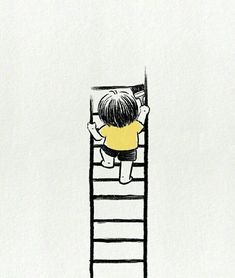 a drawing of a little boy standing on top of a ladder looking up at the sky