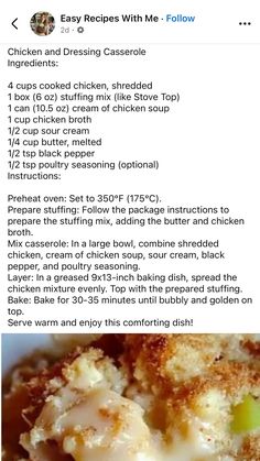 the recipe for chicken and bread casserole is shown