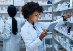 two women in white lab coats are looking at the shelves with medicine bottles on them