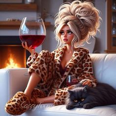 a woman sitting on a couch holding a glass of wine and a cat laying next to her