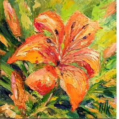 an oil painting of orange flowers on a green background