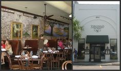 people sitting at tables in front of a restaurant with paintings on the wall and outside