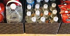 two bins filled with bottled water and soda